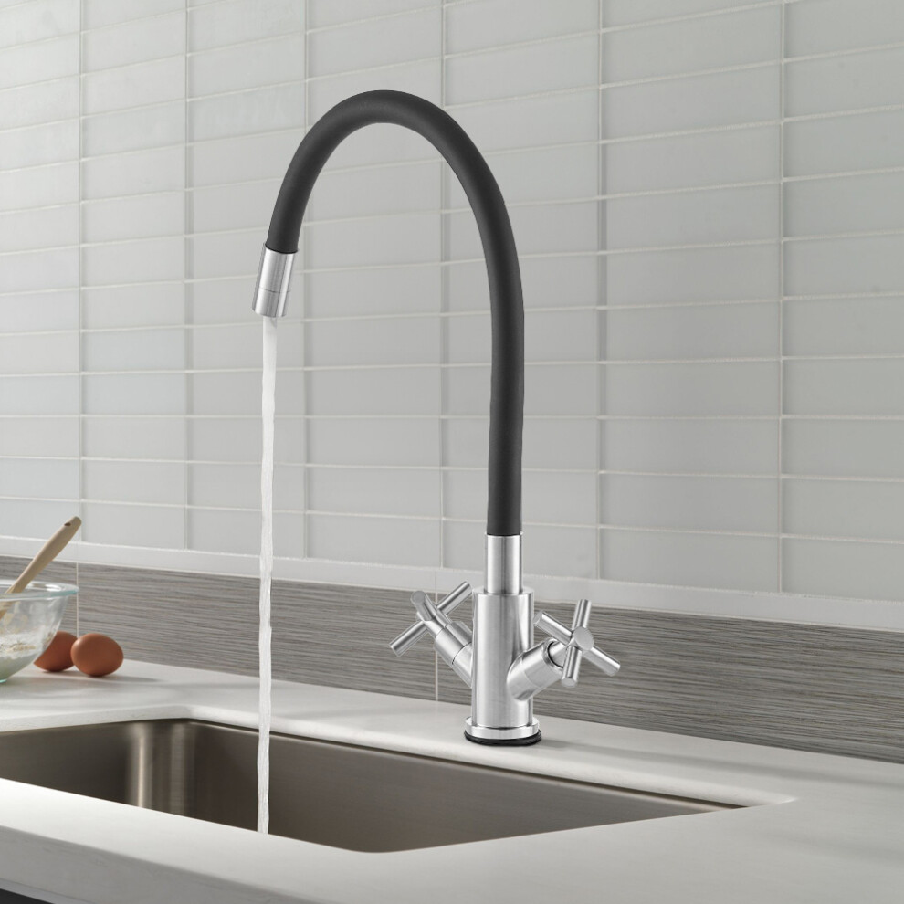 (Nickel + Black) G1/2 Flexible Silicone Dual-Handle Kitchen Faucet Mixer Tap