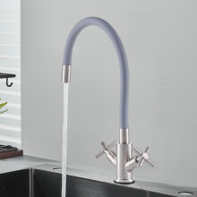 (Nickel + Grey) G1/2 Flexible Silicone Dual-Handle Kitchen Faucet Mixer Tap