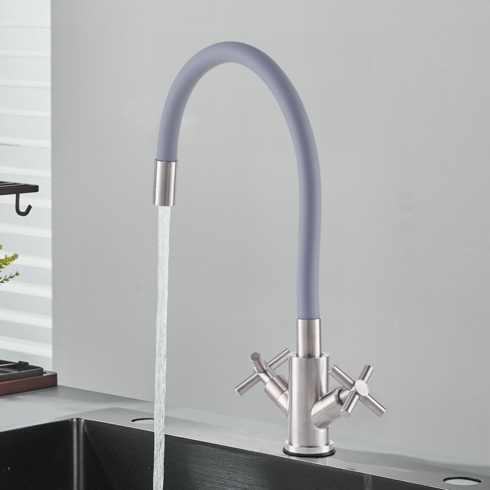 (Nickel + Grey) G1/2 Flexible Silicone Dual-Handle Kitchen Faucet Mixer Tap