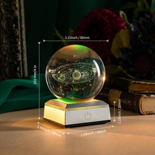 Solar System Crystal Ball 3D Planets Sun System Globe with Silver LED Base Ornament for Kid's Room 1