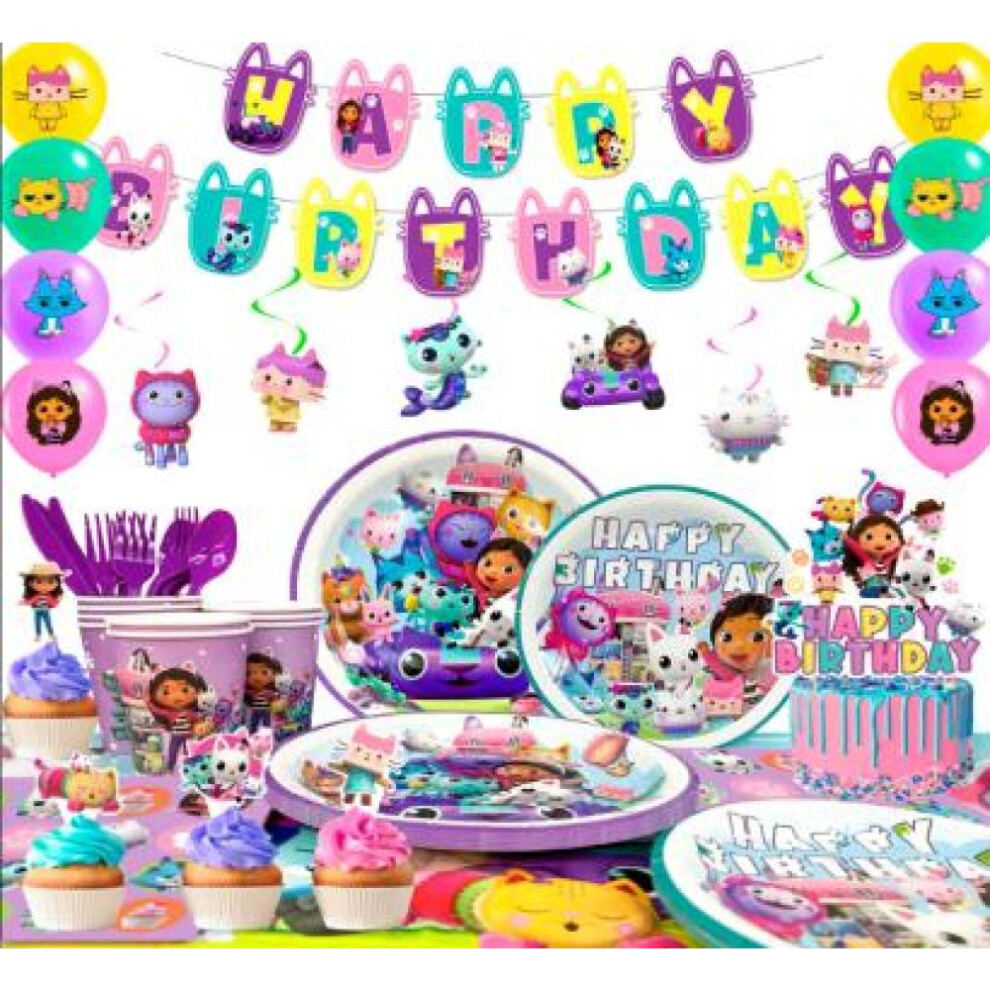 115 Pcs Gabby Dollhouse Party Supplies-gabby Dollhouse Plates Napkins Banner Tableware set