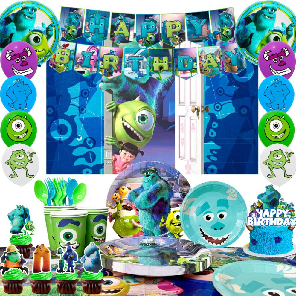 114pcs Monster University Party Decoration- Monsters inc Banner Balloon Backdrop Plates Cups etc Monster inc Birthday Party Supplies