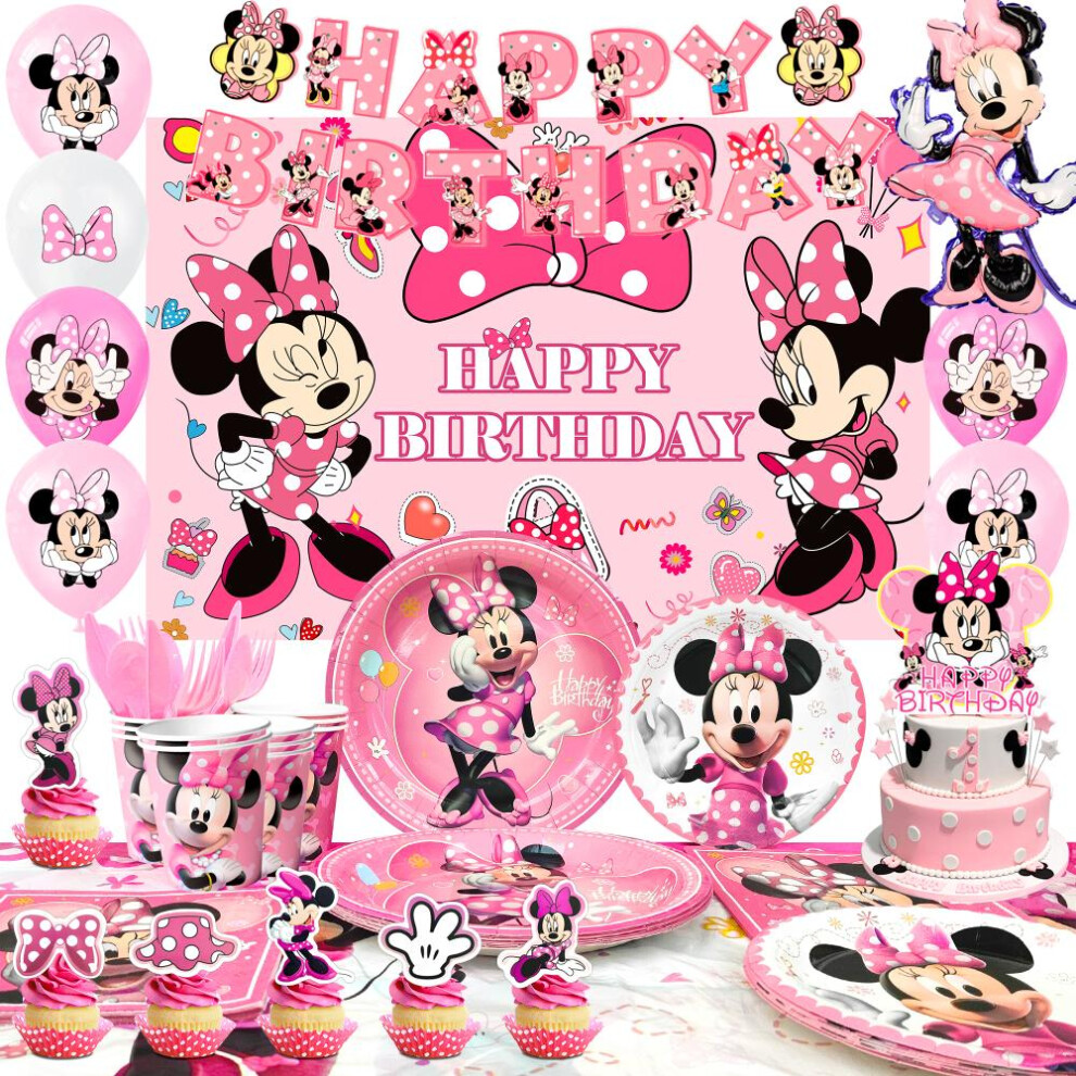 113pcs Minnie Mouse Birthday Party Supplies-plates Tablecloth Banner&Minnie Mouse Party Tableware Set - Minnie Mouse Birthday Plates Tablecloth Banner