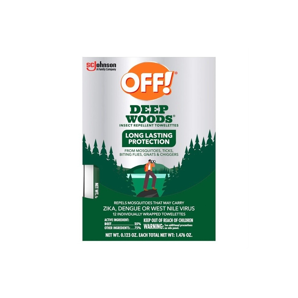 OFF! Deep Woods Mosquito and Insect Repellent Wipes, Long lasting, 12 Individually Wrapped Wipes