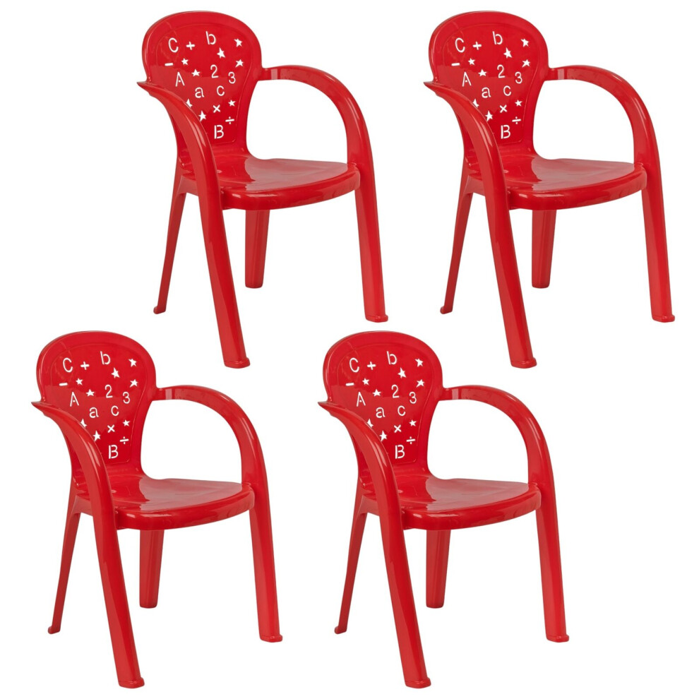 (4 Pcs Red) Coloured Plastic Kids Chairs Stackable Nursery Indoor Outdoor Party Garden Play