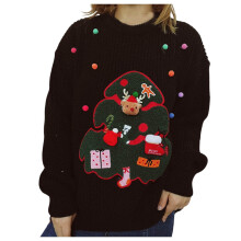(black, M) Women's Christmas Sweater Fashion Cozy Fluffy Sweater Slim Snowflake Print Oversized Plush Knit Pullover Sweater