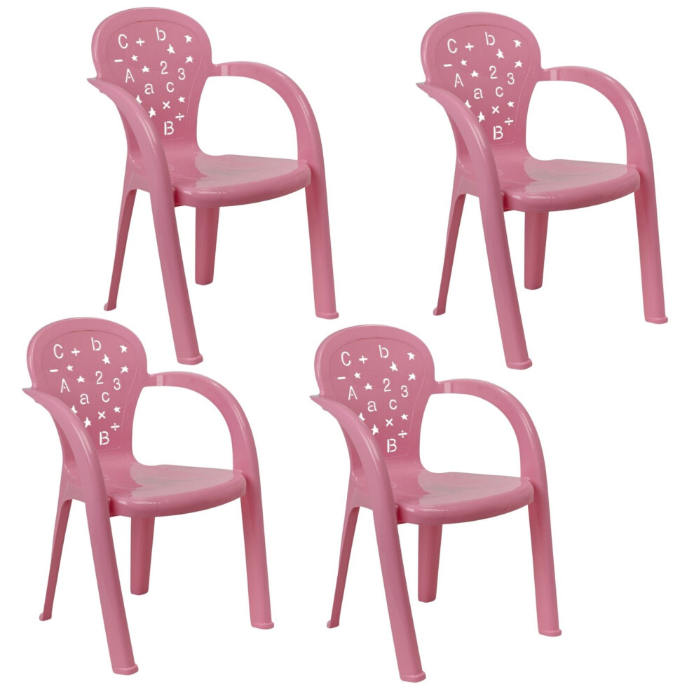 (4 Pcs Pink) Coloured Plastic Kids Chairs Stackable Nursery Indoor Outdoor Party Garden Play