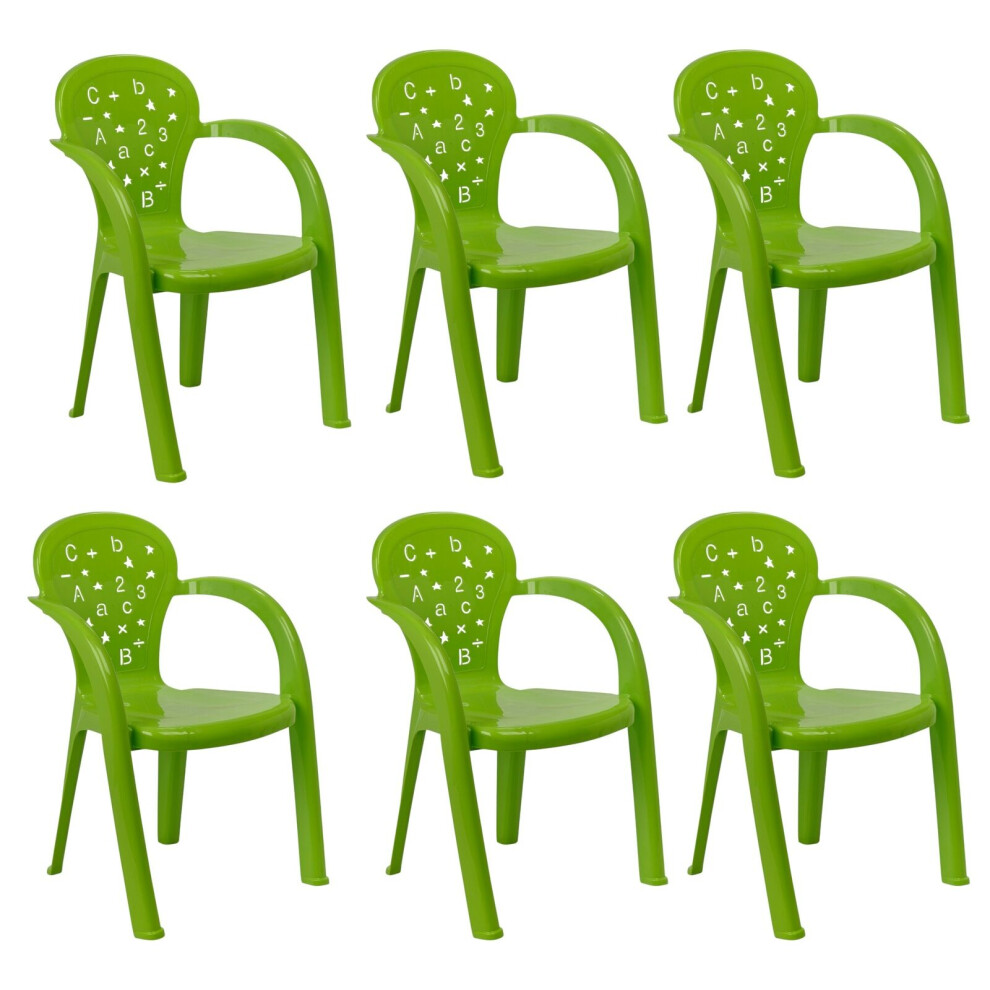 (6 Pcs Green) Coloured Plastic Kids Chairs Stackable Nursery Indoor Outdoor Party Garden Play