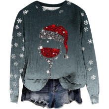 (darkgray, L) 2025 fall and winter new wave of women's Christmas snowflakes red glass printing round neck long-sleeved casual pullover sweater