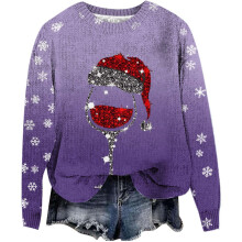 (purple, L) 2025 fall and winter new wave of women's Christmas snowflakes red glass printing round neck long-sleeved casual pullover sweater