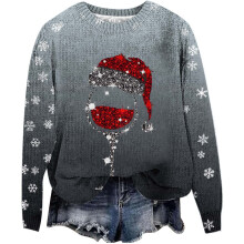 (black, XL) 2025 fall and winter new wave of women's Christmas snowflakes red glass printing round neck long-sleeved casual pullover sweater