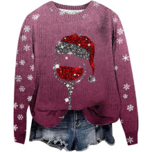 (hotpink, M) 2025 fall and winter new wave of women's Christmas snowflakes red glass printing round neck long-sleeved casual pullover sweater