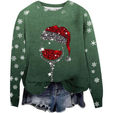 (green, S) 2025 fall and winter new wave of women's Christmas snowflakes red glass printing round neck long-sleeved casual pullover sweater