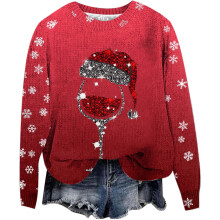 (green, XXL) 2025 fall and winter new wave of women's Christmas snowflakes red glass printing round neck long-sleeved casual pullover sweater