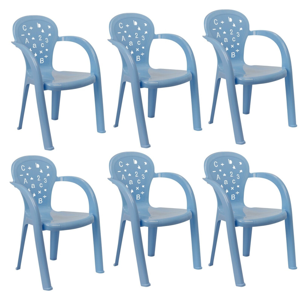 (6 Pcs Blue) Coloured Plastic Kids Chairs Stackable Nursery Indoor Outdoor Party Garden Play