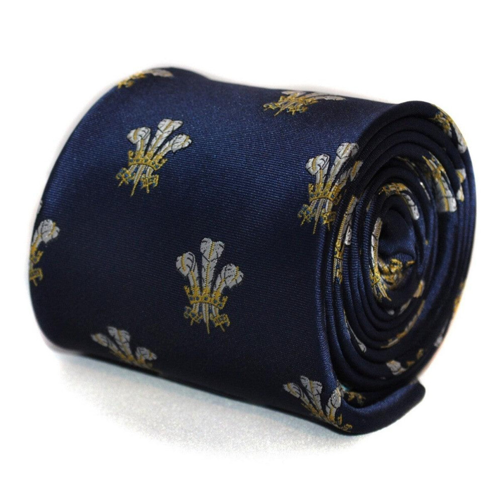 navy blue tie with prince of wales feathers badge print design