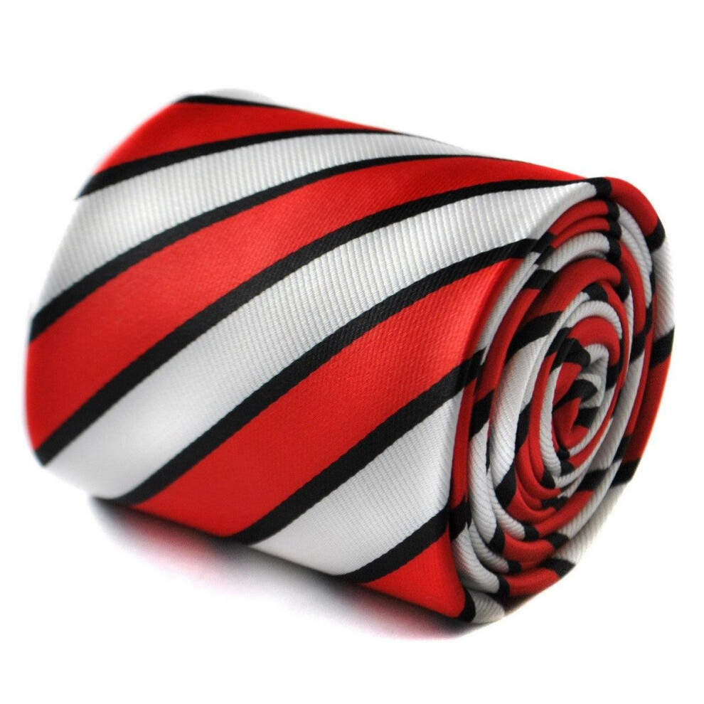 red, black and white striped tie