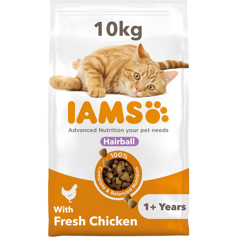 (IAMS Hairball Complete Dry Cat Food for Adult and Senior Cats with Chicken 10 kg) IAMS Hairball Complete Dry Cat Food for Adult and Senior Cats with