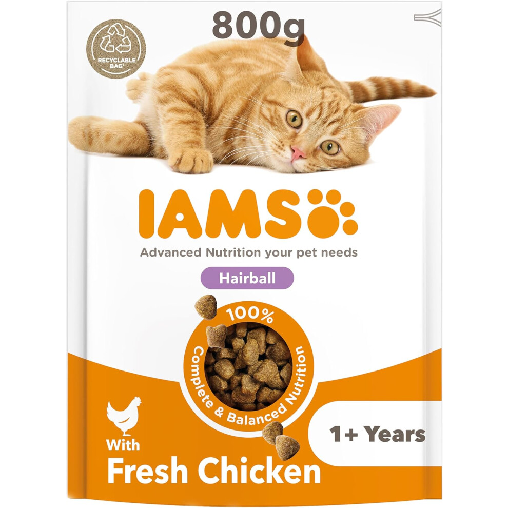 (IAMS Hairball Complete Dry Cat Food for Adult and Senior Cats with Chicken 800 g) IAMS Hairball Complete Dry Cat Food for Adult and Senior Cats with