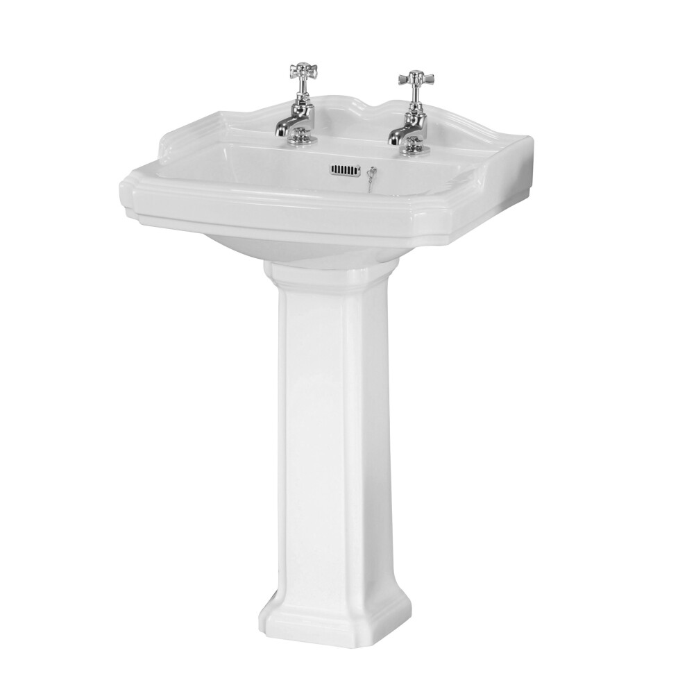 Traditional Bathroom Two Tap Hole Basin with Full Pedestal - 590mm