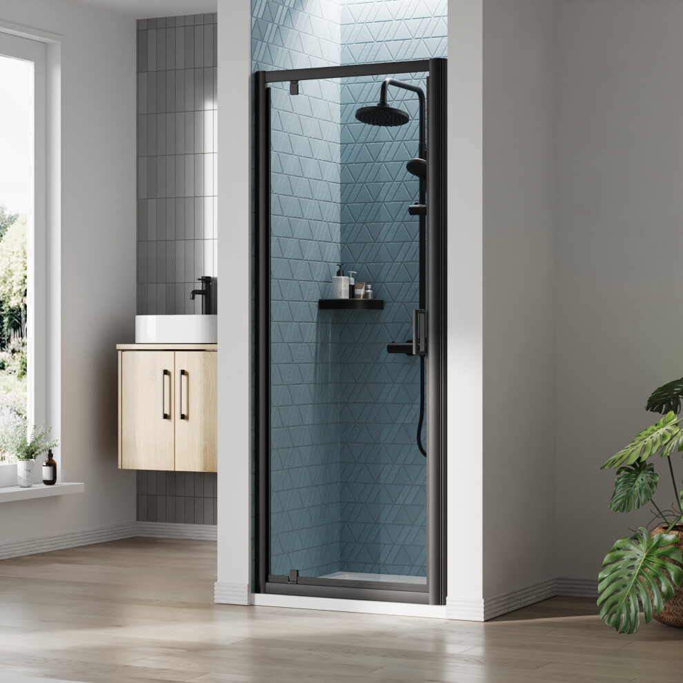 Ruwa 6mm Toughened Safety Glass Reversible Pivot Shower Door - 1900 x 760mm - Matt Black - Balterley