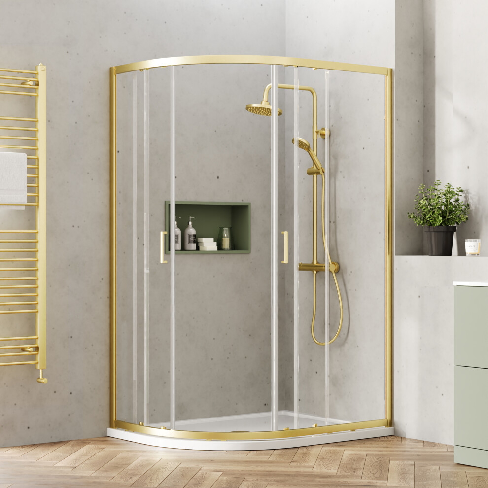 Ruwa 6mm Toughened Safety Glass Offset Quadrant Shower Enclosure - 1900 x 1200 x 900mm - Brushed Brass - Balterley