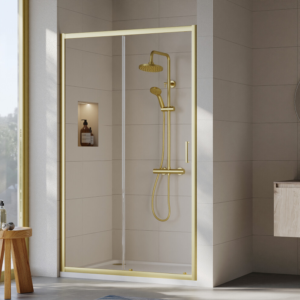 Ruwa 6mm Toughened Safety Glass Sliding Shower Door - 1900 x 1200mm - Brushed Brass - Balterley