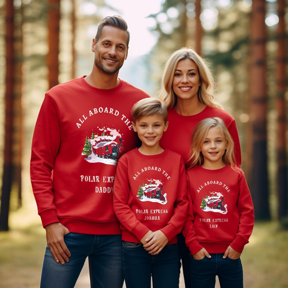 (Red, UK Kids 9-10) Family Polar Express Christmas Jumpers - Custom Name Christmas Sweater for Mum, Dad, Kids - Festive Holiday Matching Family Outfit