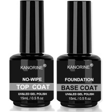 (?BaseTopCoat15ml) Kanorine Gel Nail Polish Base Coat and Top Coat Set, 2×10ml Shine Finish and Long Lasting Soak-Off UV LED Nail Lamp