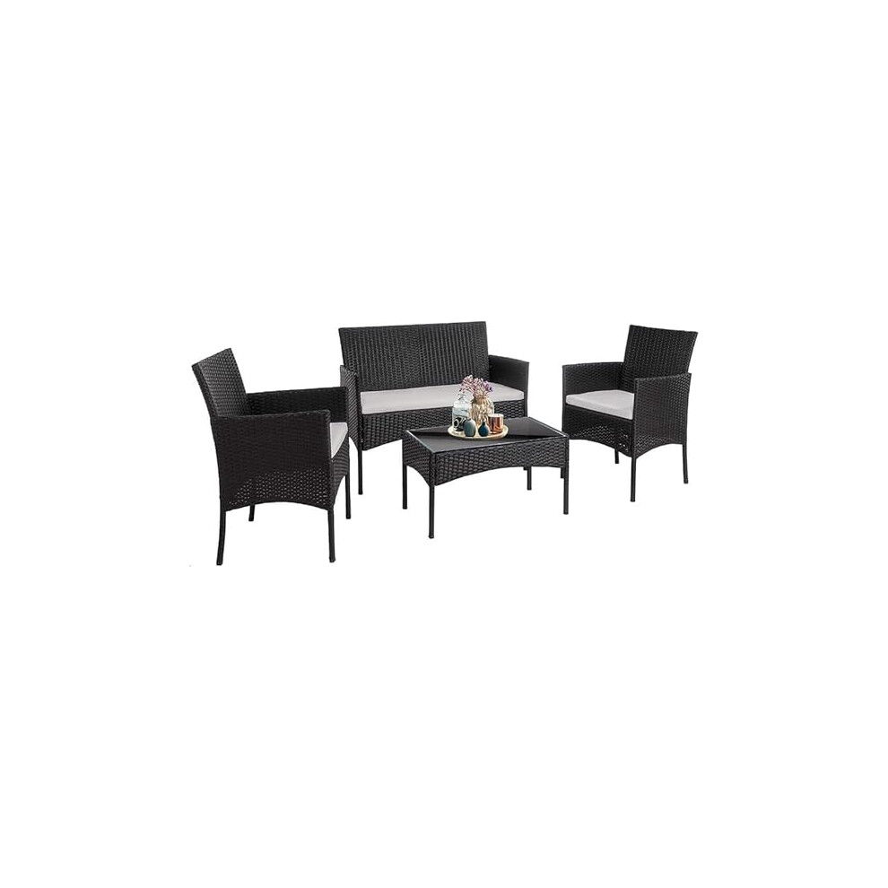 (Black) 4 Piece Rattan Sofa & Patio Set With Coffee Table