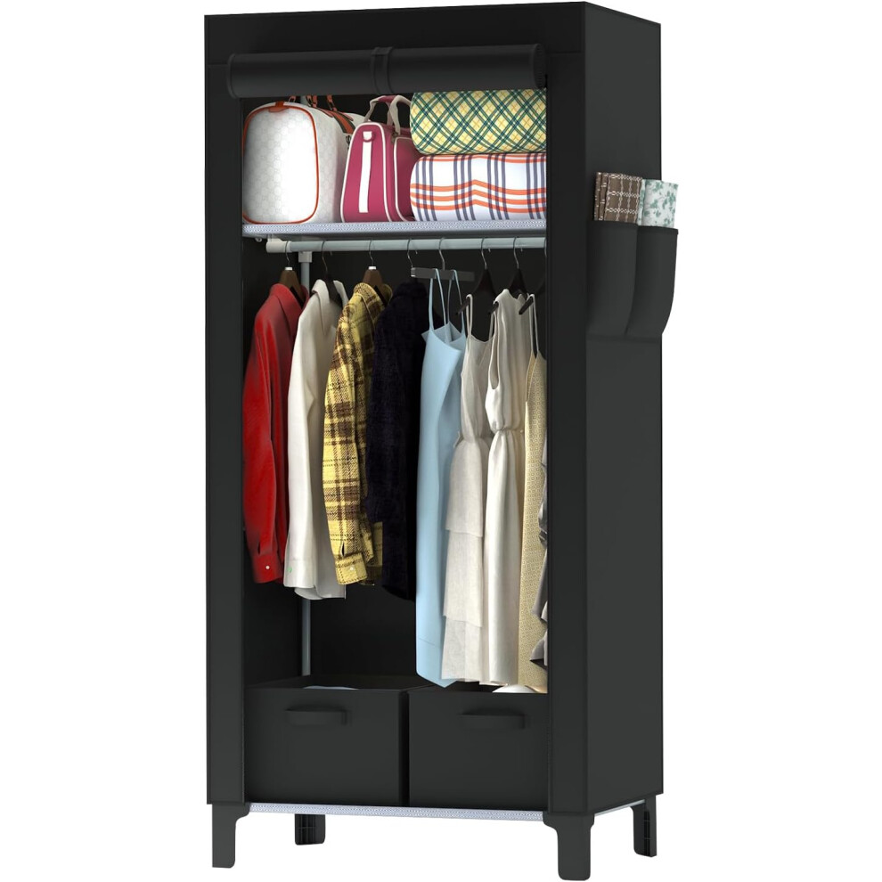 (13*0.22mm Tubes, Black) Canvas Wardrobe Wardrobe for Bedroom, New Base Design Fabric Wardrobe with 2 Storage Boxes and Side Pockets, Portable Wardrob-image-OPC-PFHQ7NQ-NEW