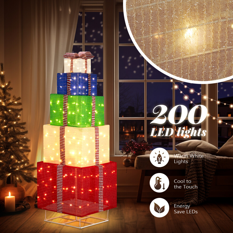 6FT 200 LED Lighted Gift Box Tower Pre-lit Pull Up Multicolor Present Boxes Christmas Decor
