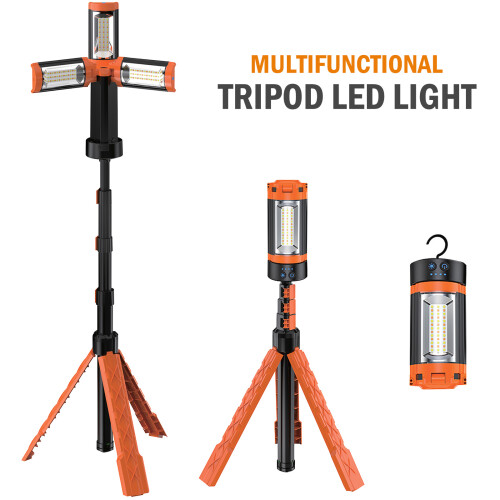 LD51 Rechargeable LED Work Light with Triple Heads on Adjustable Tripod - 2500 LM, 3 Modes, USB-C, 12h Runtime, Cordless Powerbank