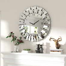 32 In Round Beveled Glass Edge Wall Mirror with Clock for Living Room