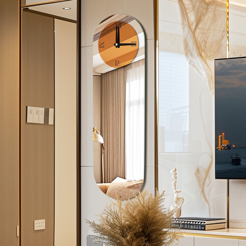 Modern Long Oval Brown Tinted Silver Mirror Decorative Wall  Clock 2