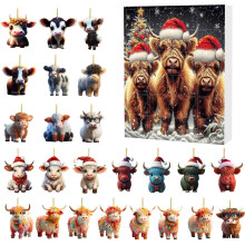 Christmas Advent Calendar Cute Highland Cow Christmas Ornaments for Xmas Tree, 24 Days Christmas Countdown Calendar