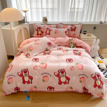 (Single 135x200cm, Plaid Strawberry Bear) Cute cartoon four-piece children's bed sheet quilt cover student skin-friendly cotton three-piece set