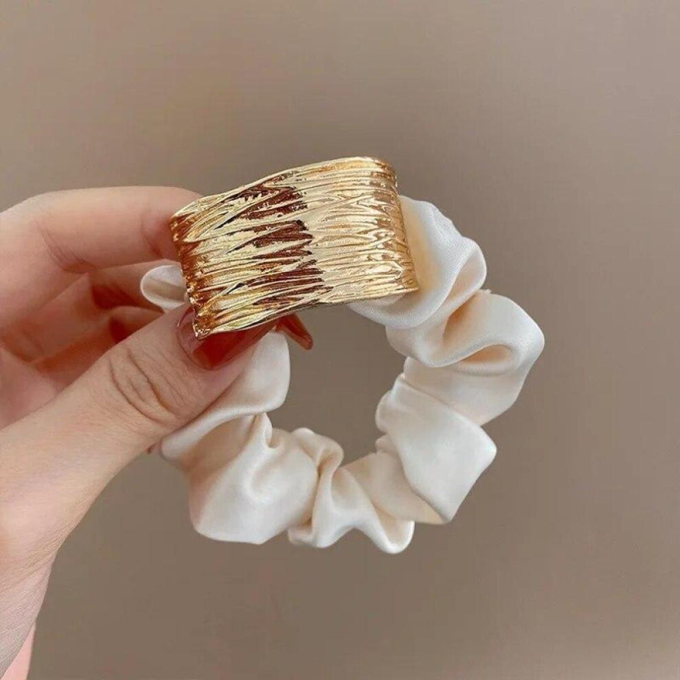 (White) Korean Metal Satin Large Intestine Ring Women Rubber Bands Hair Ties Hair Rope Girls Ponytail Holder Headdress Hair Accessories