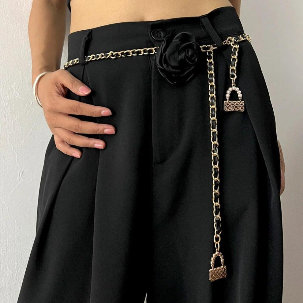 (Black, 110x1cm) Fashion Flower Gold Chain Belt Female Waist Adjustable Punk Silver Metal Belts For Women High Quality Luxury Dress Pant Chains