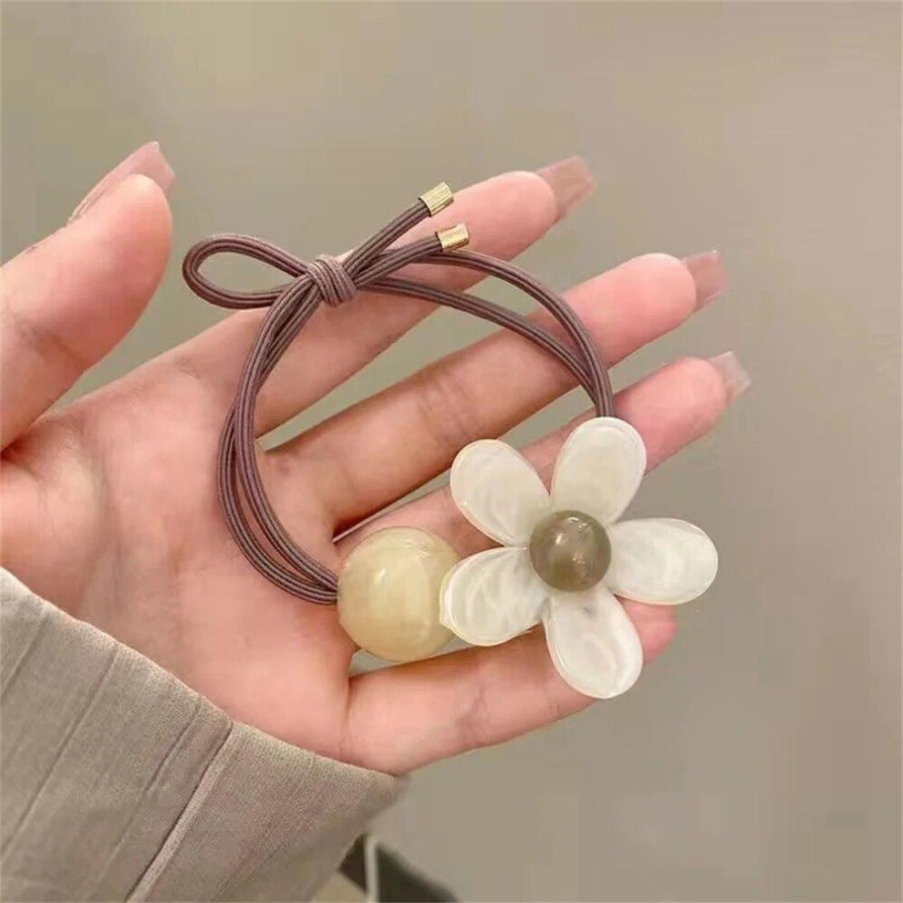 (Beige) Flower Hair Rope Sweet Simple Style Acrylic Hair Tie For Women Ponytail Rubber Band Temperament Hair Accessories
