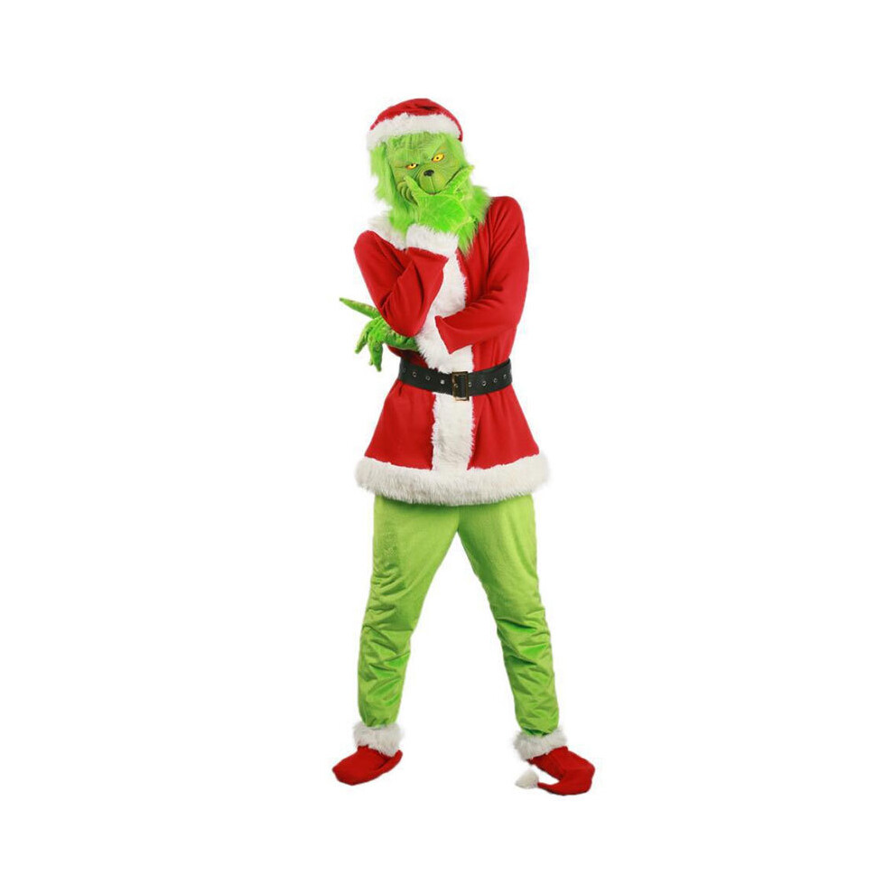 (Full set (headgear and mask included), Adult-S) Grinch Costume Halloween Christmas Santa Cosplay Scary Green Hair Monster