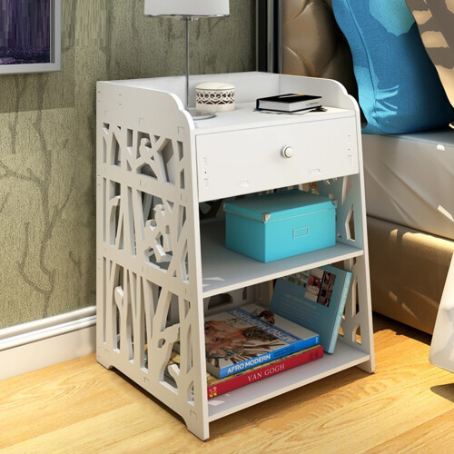 Living And Home Wooden Nightstand with Drawer and 2 Storage Shelves