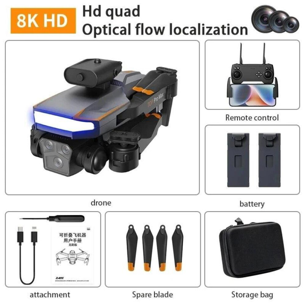 (2B, Black) Drone 8K GPS HD Triple Camera Optical Flow Positioning Obstacle Avoidance HD Photography Foldable Quadcopter Drone