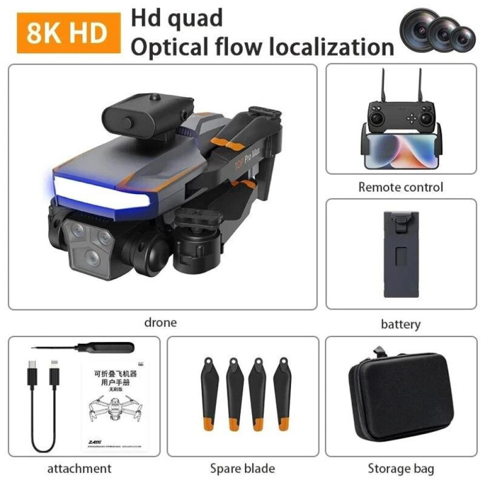 (1B, Black) Drone 8K GPS HD Triple Camera Optical Flow Positioning Obstacle Avoidance HD Photography Foldable Quadcopter Drone