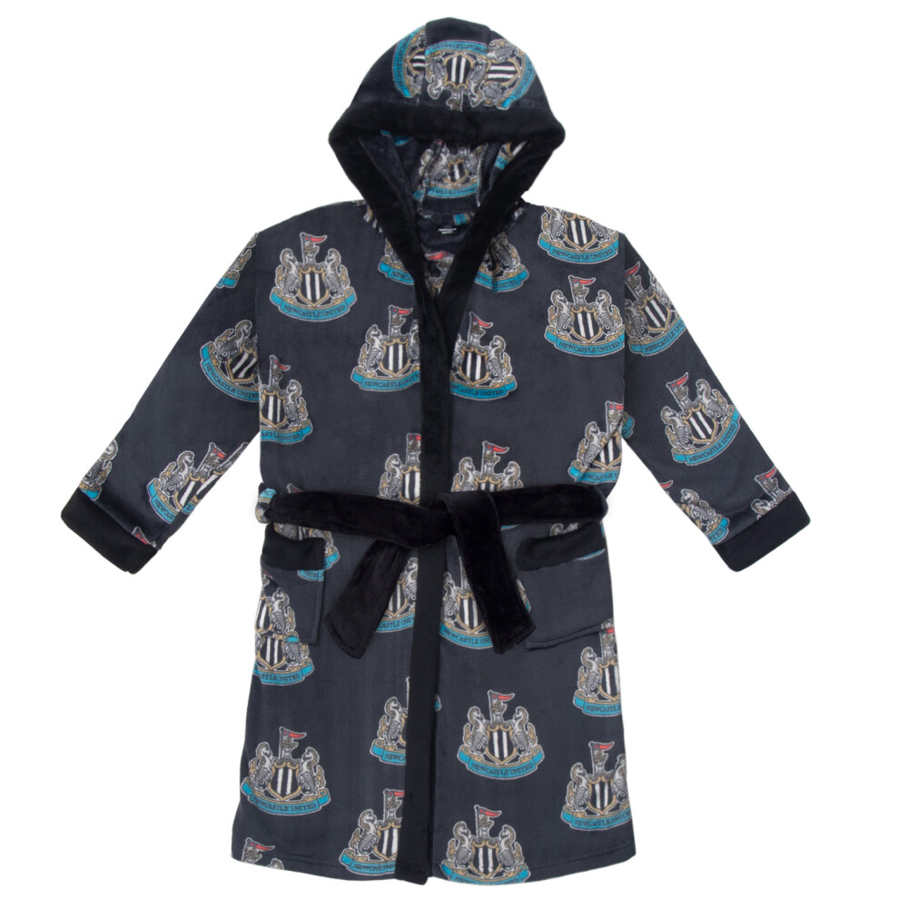 (Black - AOP, 7-8 Years) Newcastle United Boys Dressing Gown Robe Hooded Fleece Kids OFFICIAL Football