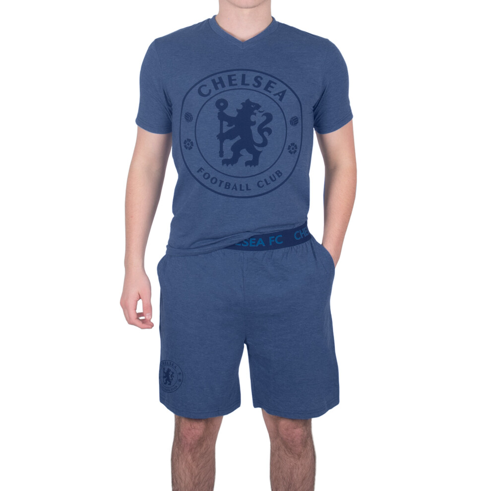 (Blue Marl, Large) Chelsea FC Mens Pyjamas Short Loungewear OFFICIAL Football Gift