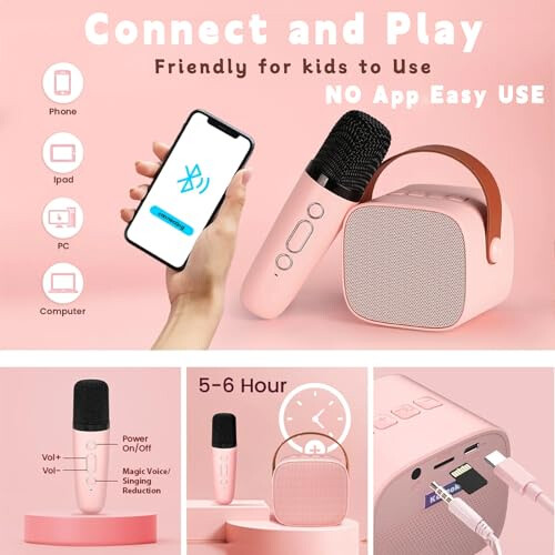 Máquina de karaokê Bluetooth com microfone sem fio, som nítido, presente de brinquedo (rosa) 2