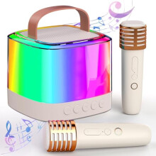 Chronus Mini Karaoke Machine for Kids Adults, Portable Bluetooth Speaker with 2 Wireless Microphones and LED Color Lights(Beige)