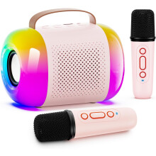 Chronus Mini Karaoke Machine, Portable Bluetooth Speaker with 2 Wireless Microphones and LED Color Lights, Suitable for 3-11+ Years Old Kids(pink)