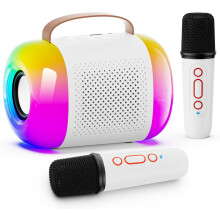 Chronus Mini Karaoke Machine for Kids and Adults, Portable Bluetooth Speaker with 2 Wireless Microphones and LED Color Lights(White)